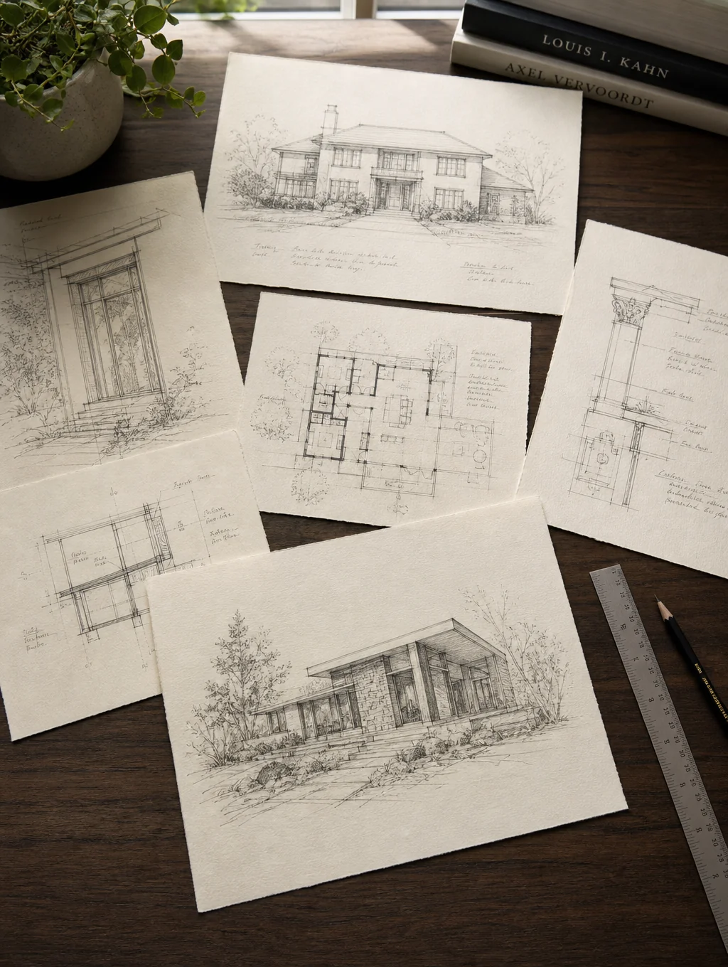 Architectural sketches and mood boards for interior design