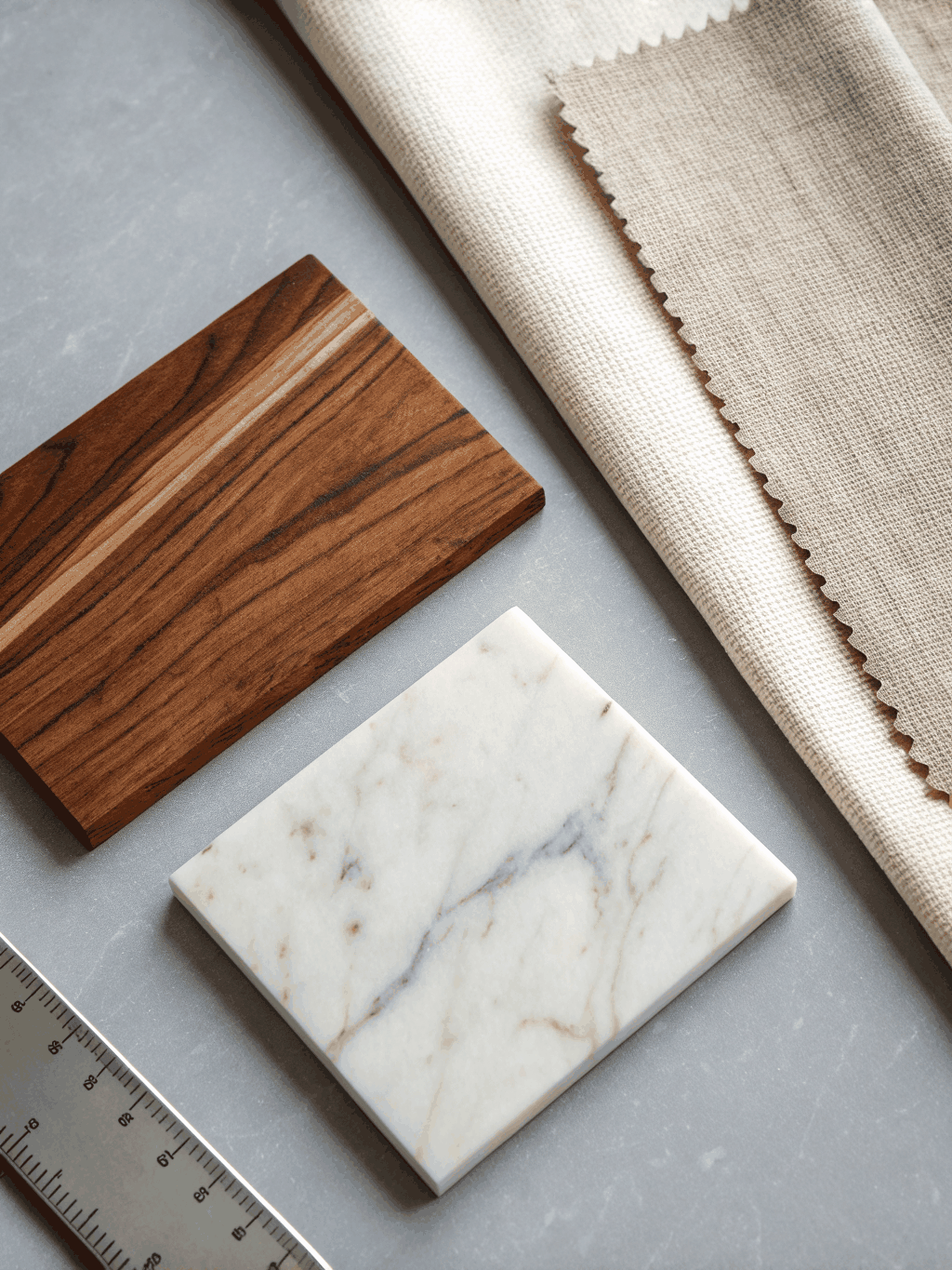 Selection of luxury interior design materials and fabric swatches