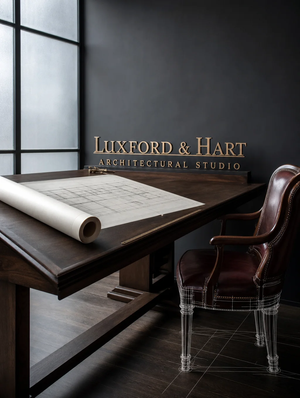 Detailed architectural floor plans on a drafting table